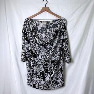 Sushi Flower Womens Damask Cowl Neck 3/4 Sleeve Blouse Size 2XL Black White